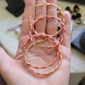 Vintage Gold and Pink Twisted Hoop Earrings
